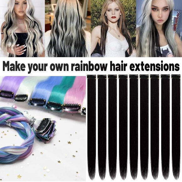 22" Colored Hair Extensions 10 PCS-Black - Picture 2 of 6